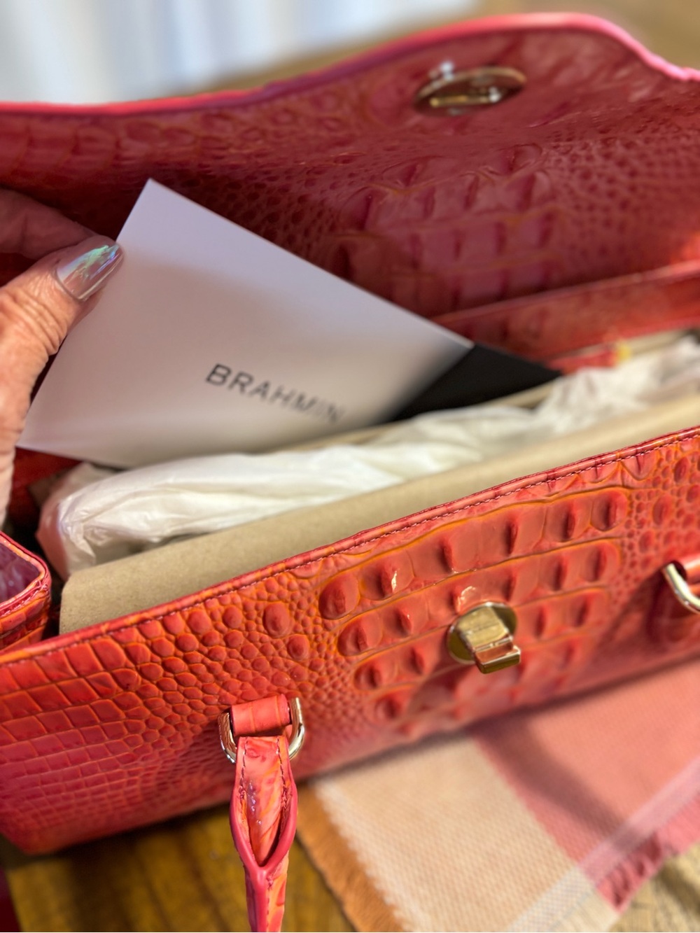 Brahmin Coral Pink Croc-Embossed Shoulder Bag - Picture 5 of 6